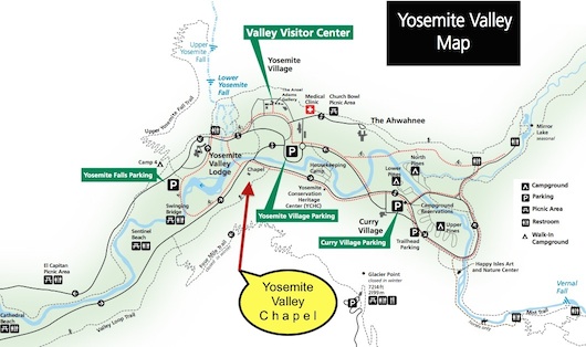 Map of Yosemite Valley showing the Yosemite Valley Chapel